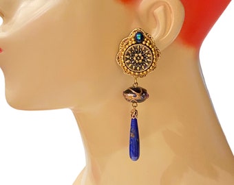 Vintage Artisan AD89 Resin Worked Gold Plated Murano Style Wedding Bead & Blue Glass Charm Teardrop Dangle Clip Earrings.KKK24