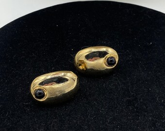 Boucles D'oreilles Clips Vintage Or & Cabochon Noir Signées - Modèle 5327
