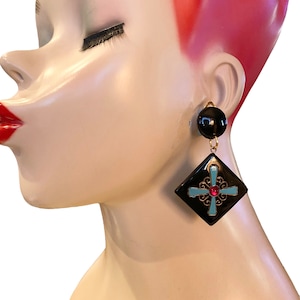 Vintage Baroque Black Lucite Teal Enamel and Red Cabochon Dangle Clip Earrings AX14