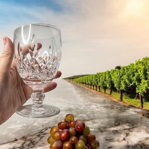 May include: A clear crystal wine glass with a diamond-cut design is held up against a vineyard and a blue sky. A bunch of red and green grapes sits in front of the glass. The glass has a round base and a stem.