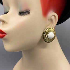 Vintage Chunky Gold Plated Stamped Brutalist with White Lucite Cabochon Clip Earrings 1980s O32