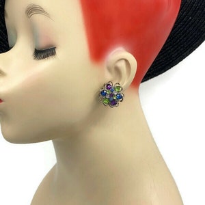 Vintage Faux Sapphire Emerald and Amethyst Crystal Flower Bloom CLIP EARRINGS