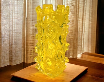VTG Heavy Art Glass 9” Clear over Yellow Lazy Susan Thorn Vase