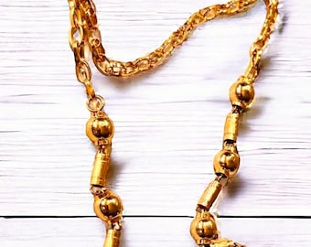 Maillon de chaîne inhabituel en métal plaqué or vintage des années 80 avec tubes et collier de perles 34" simple ou enveloppant pour double