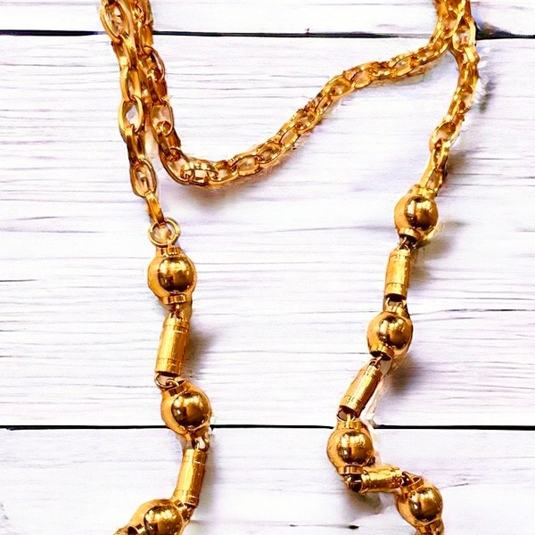 Vintage 80s Gold Plated Metal Unusual Chain Link with Tubes and Beads Necklace 34” Single or Wrap for Double