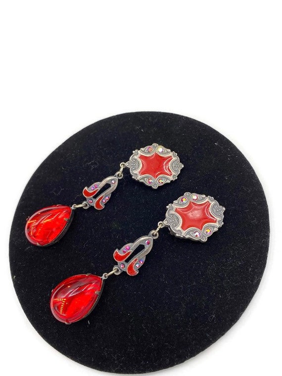Vintage Long Red Enamel and Pear Rhinestone Dangl… - image 2