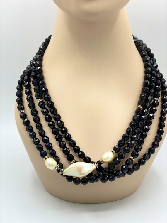 Vintage Chunky Fancy Black Faceted Glass Crystal Faux Pearl Torsade Bead Necklace