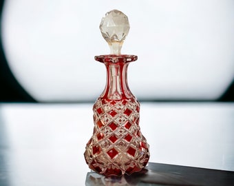 Vintage Baccarat Style Ruby Red Cut Clear Square Pattern Perfume Bottle Multifaceted cut   Stopper Art Deco 8”