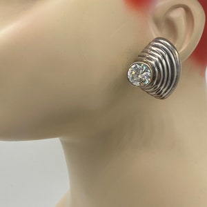 Vintage Mexico Sterling Silver Abstract Shell with Crystal Accent Clip Earrings A21