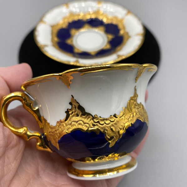 Antique Meissen Porcelain Cup Saucer Set Cobalt Blue And Heavy Gold Decor