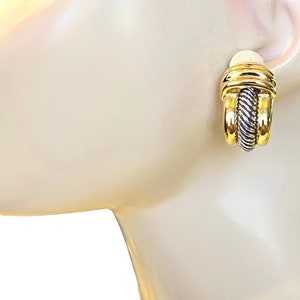 VINTAGE Silver Cable Ribbed with Gold Trim Huggie Clip Earrings LLL7