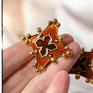 Vintage Caramel Brown Enamel with Beaded Gold Oversized Cross Clip Earrings AU31