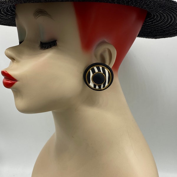 vintage Artisan Fimo Clay Chunky Black White Stripe Bouton surdimensionné Clip Boucles d’oreilles années 1980 H24