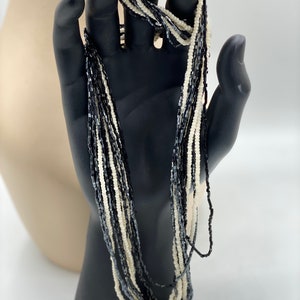 Vintage Multi Strand White and Black Glass Seed Bead Torsade Necklace Art Deco Look
