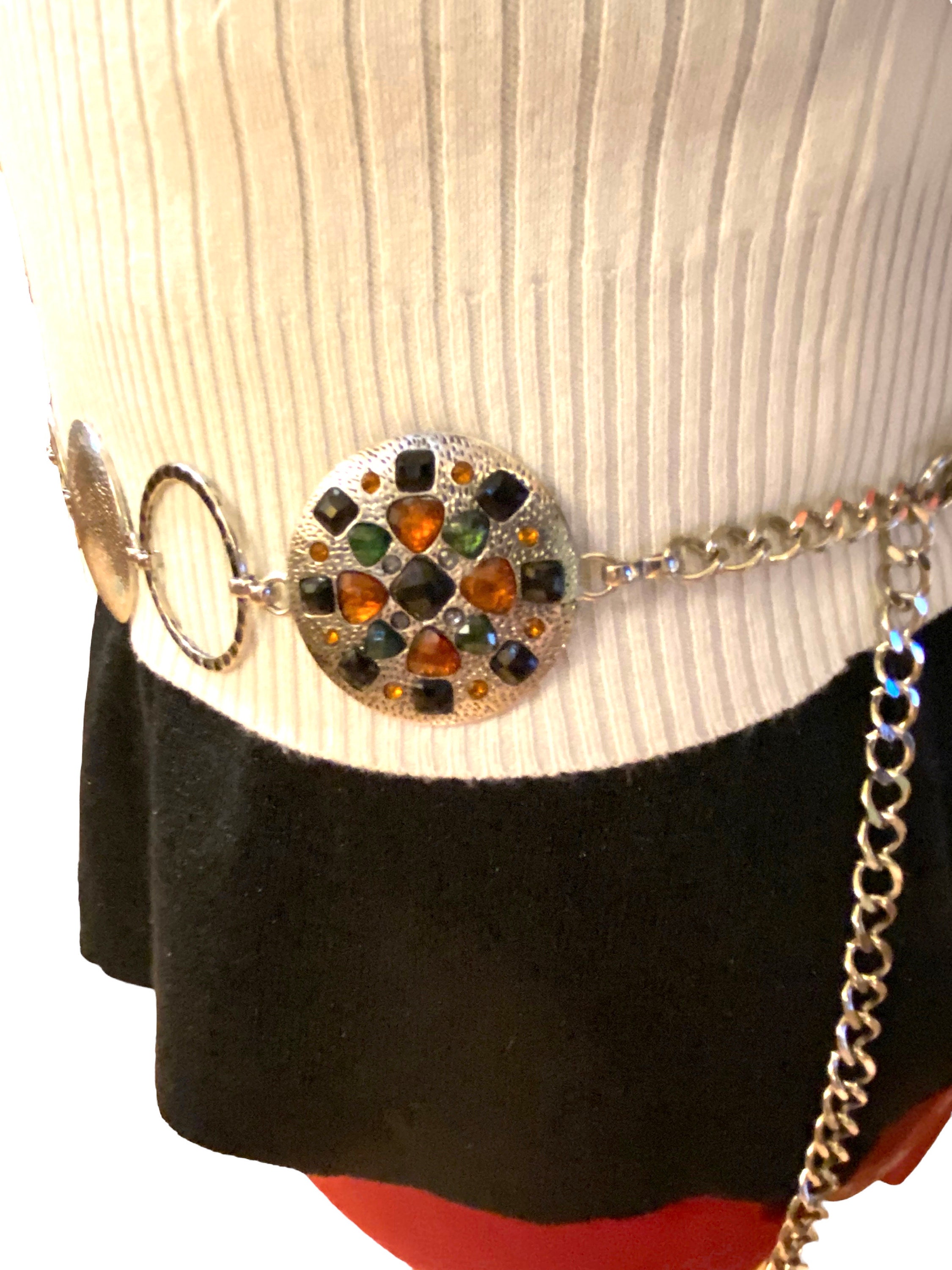 Vintage 80s Etruscan Silver Plated Lucite Gummy Jewel Green Yellow Red Link Belt Vintage 80s Etruscan Silver Plated Lucite Gummy Jewel Green  main image 2