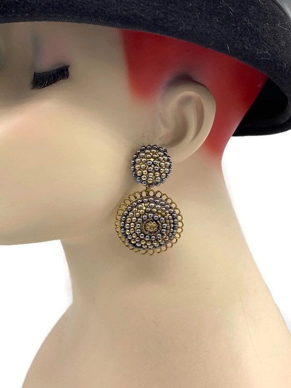 Vintage Huge Richard Kerr Gold & Silver Swarovski Crystal Beaded Dangle Runway Statement Earrings LL20