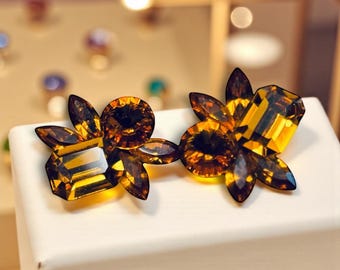 Pendientes artesanales vintage de lucita, ámbar y brillo gruesos AAA7