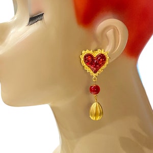 Vintage Chunky Modernist Red Acrylic Heart with Gold Bead Dangle Clip Earrings AT10