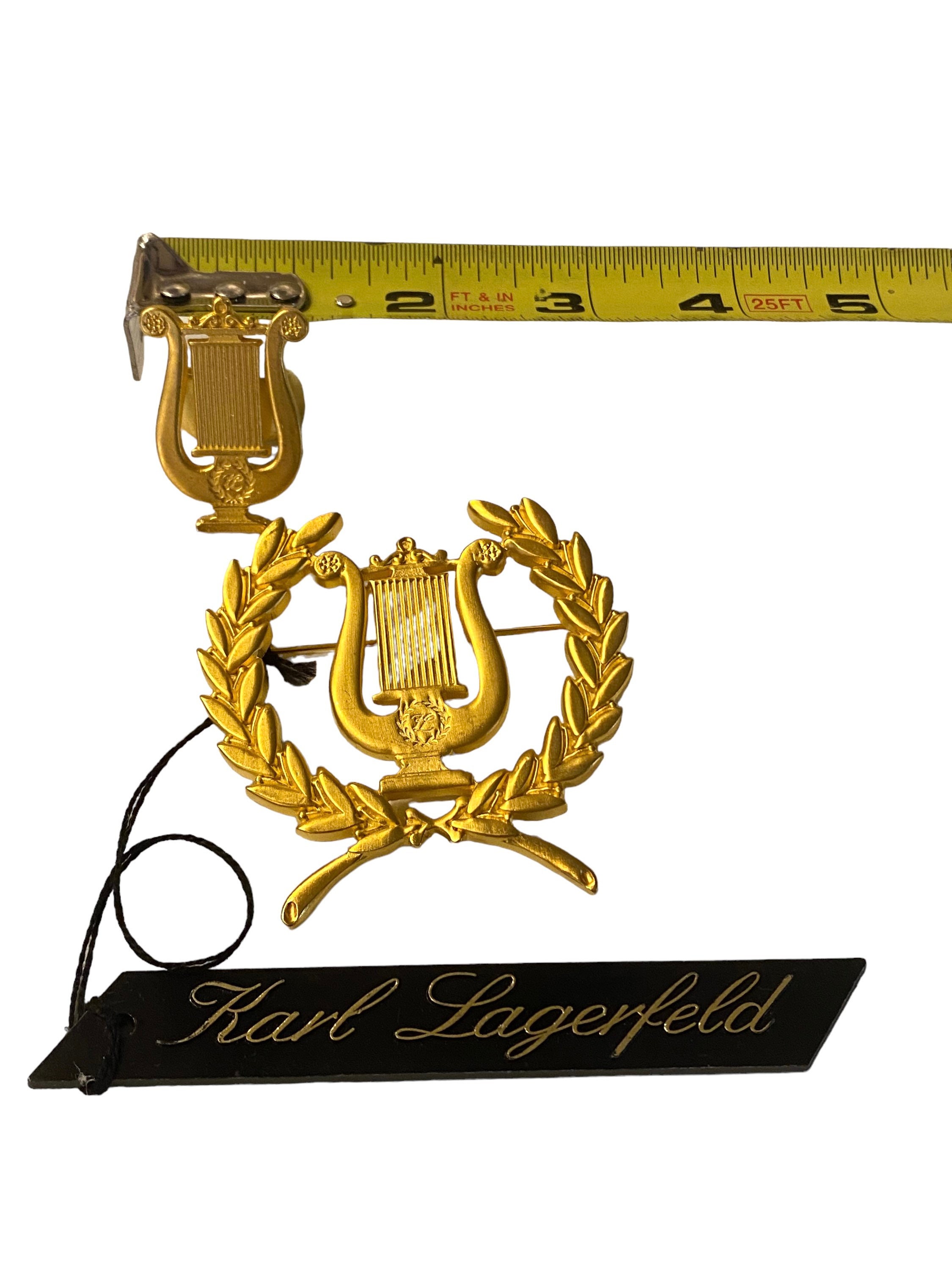 Vintage Karl Lagerfeld Classic Brushed Gold Plated Musical Lyre and Laurel Brooch Pin (Original Tag!) & Ring HH40