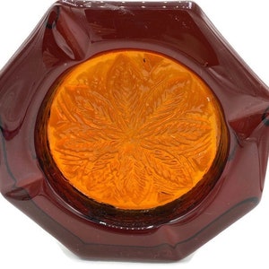 Vintage Mid Century Modern Blenko Dark Orange - Amber Cinnamon Leaf Glass Ashtray Bowl Dish