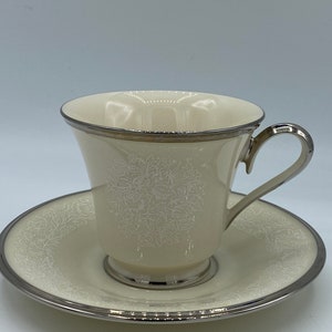 Vintage Lenox Moonspun Platinum Porcelain Footed Cup and Saucer Set