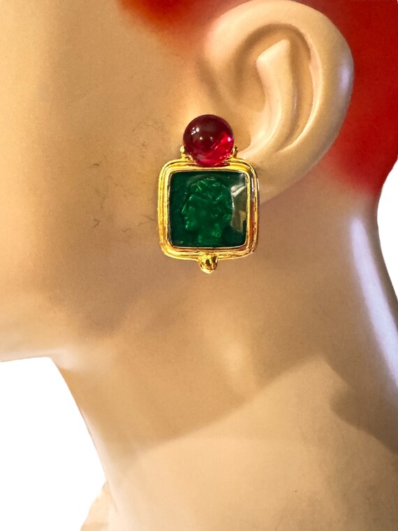 Vintage Green Enamel & Lucite with Red Cabochon G… - image 5