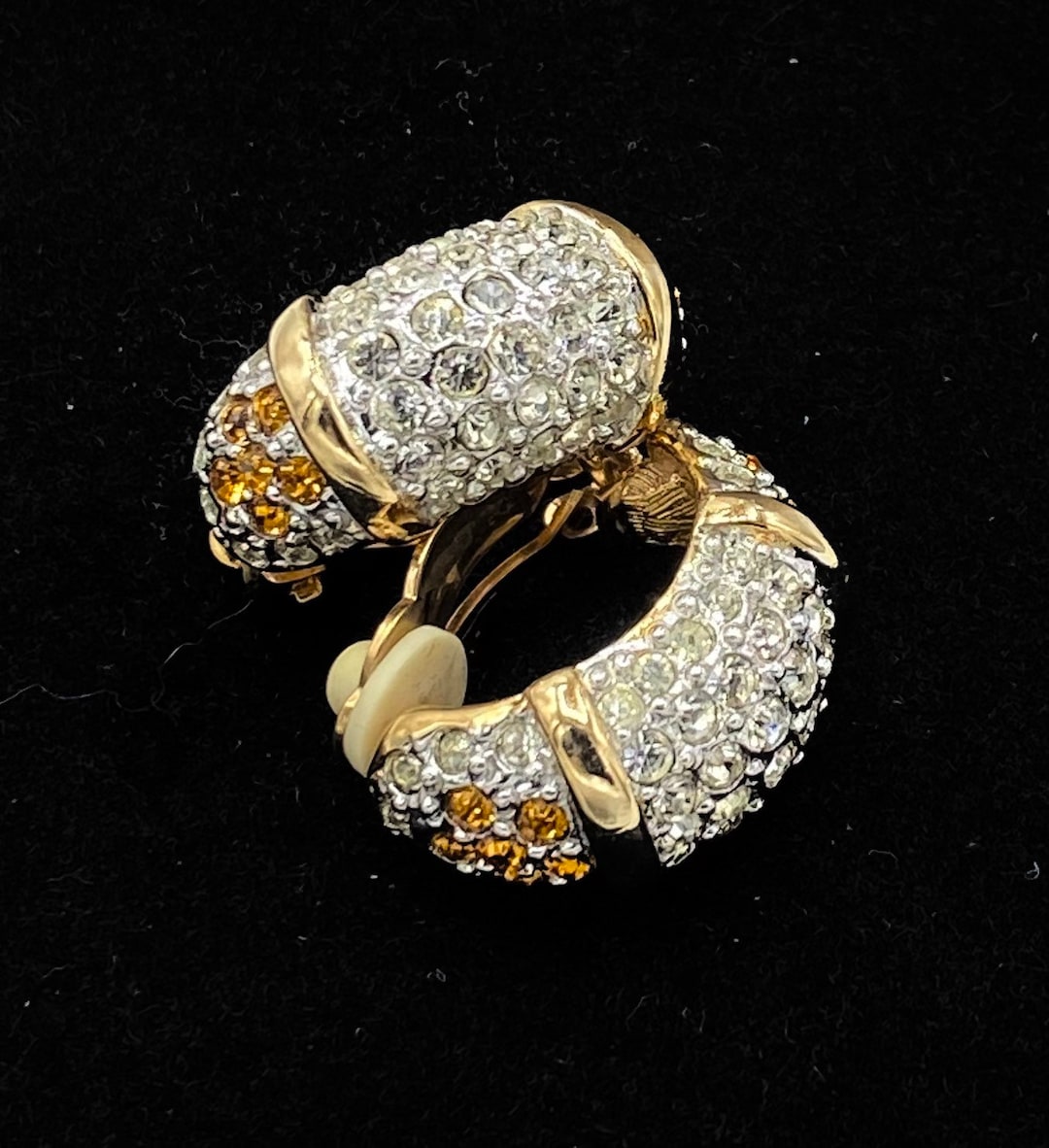 Vintage Swarovski Crystal Gold Plated Yellow and Clear Huggie Half Hoop  Clip Earrings BB38