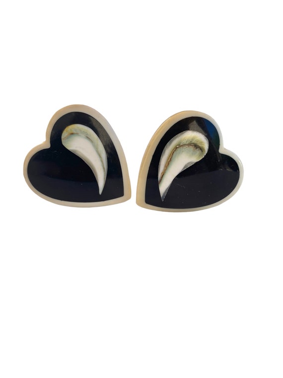 Vtg Lucite Heart Cream and Black Clip Earrings AT… - image 2