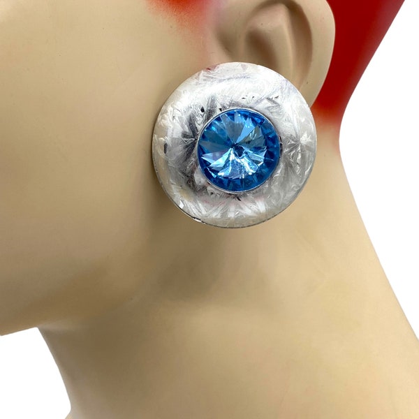 Vtg Silver Coated Acrylic with  Sparkling Blue Rivoli Lucite Oversized Button Clip earrings 1980s AK11