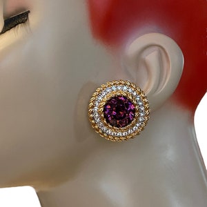 Vintage Swarovski Swan Brand Oversized Purple Amethyst Crystal Pave Button Clip Earrings with Card SS19