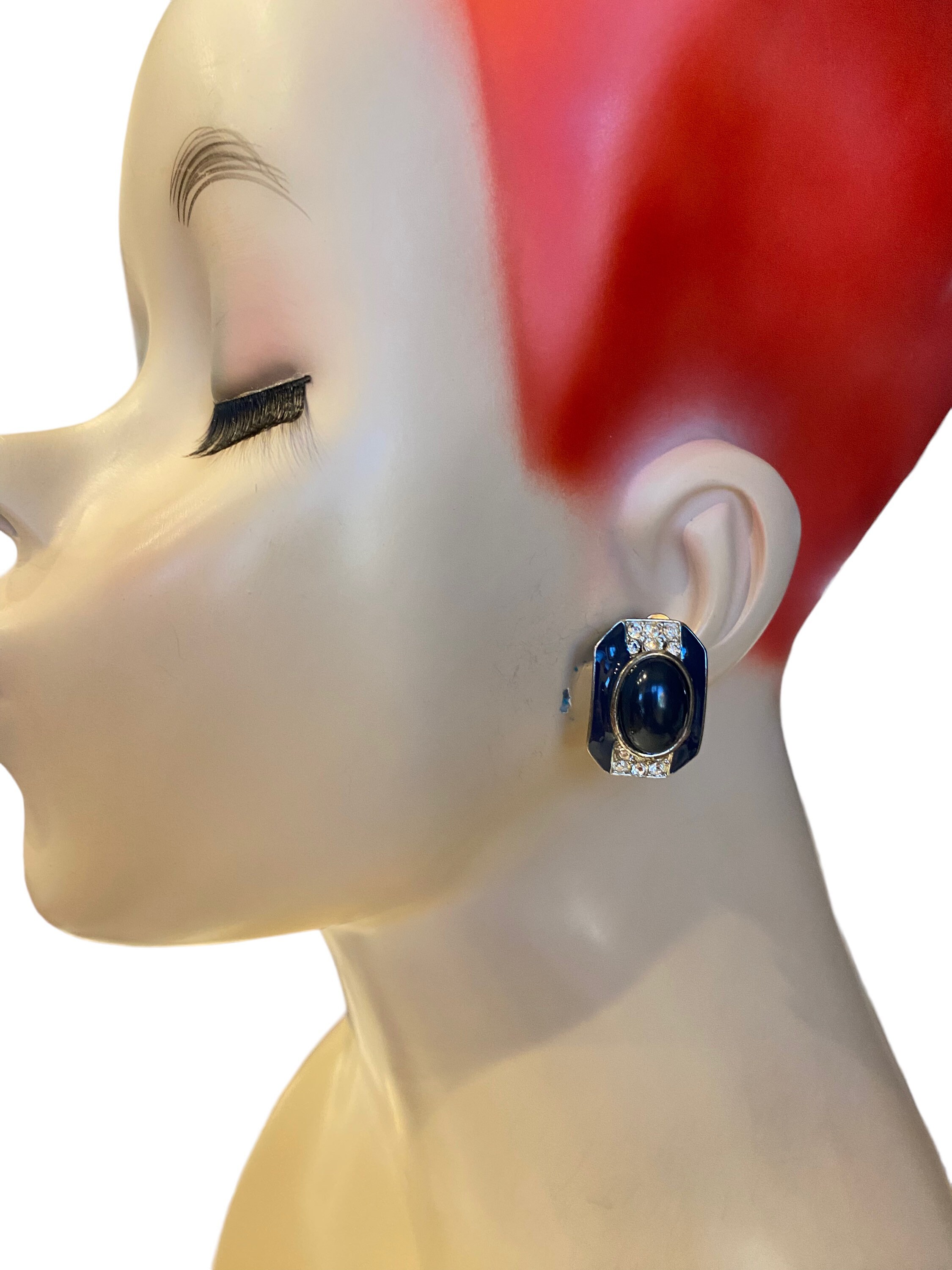 Boucles D'oreilles Clips Vintage - Cabochon Bleu Marine, Couleur Argent - Modèle 2091 - Occasion Légèrement Patiné