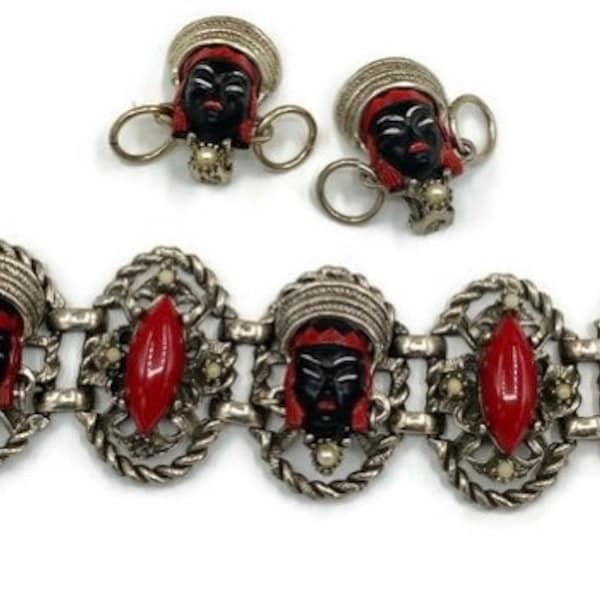 Vintage Chunky in the Style of Paul Selenger Selro Selini Demi Parure Red and Black Blackamoor Asian Princess Bracelet and Clip Earrings K22