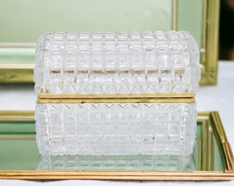 Vintage Large Mid Century Modern  French Crystal Jewelry Casket Box with Brass Antrim and Feet Beautiful Gift or For You