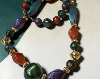 Vintage Hard Thick Jewel Colored Cylinder Round Long Bead Necklace 22”