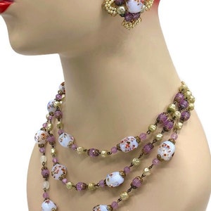 VTG Faux Seed Pearls Japanese  Opaline Millefiori Glass Bead Triple Strand Necklace and Clip Earrings Haskell Style J35
