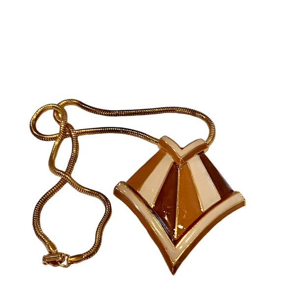 Vintage 1970s Valentino for Christian Dior Brown Enamel Geometric Chevron Runway Pendant Necklace AJ33