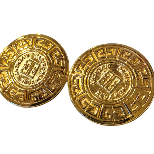 Vintage Chunky Givenchy Logo Greek Key Gold Plated Oversized Button Clip Earrings Box3sd2