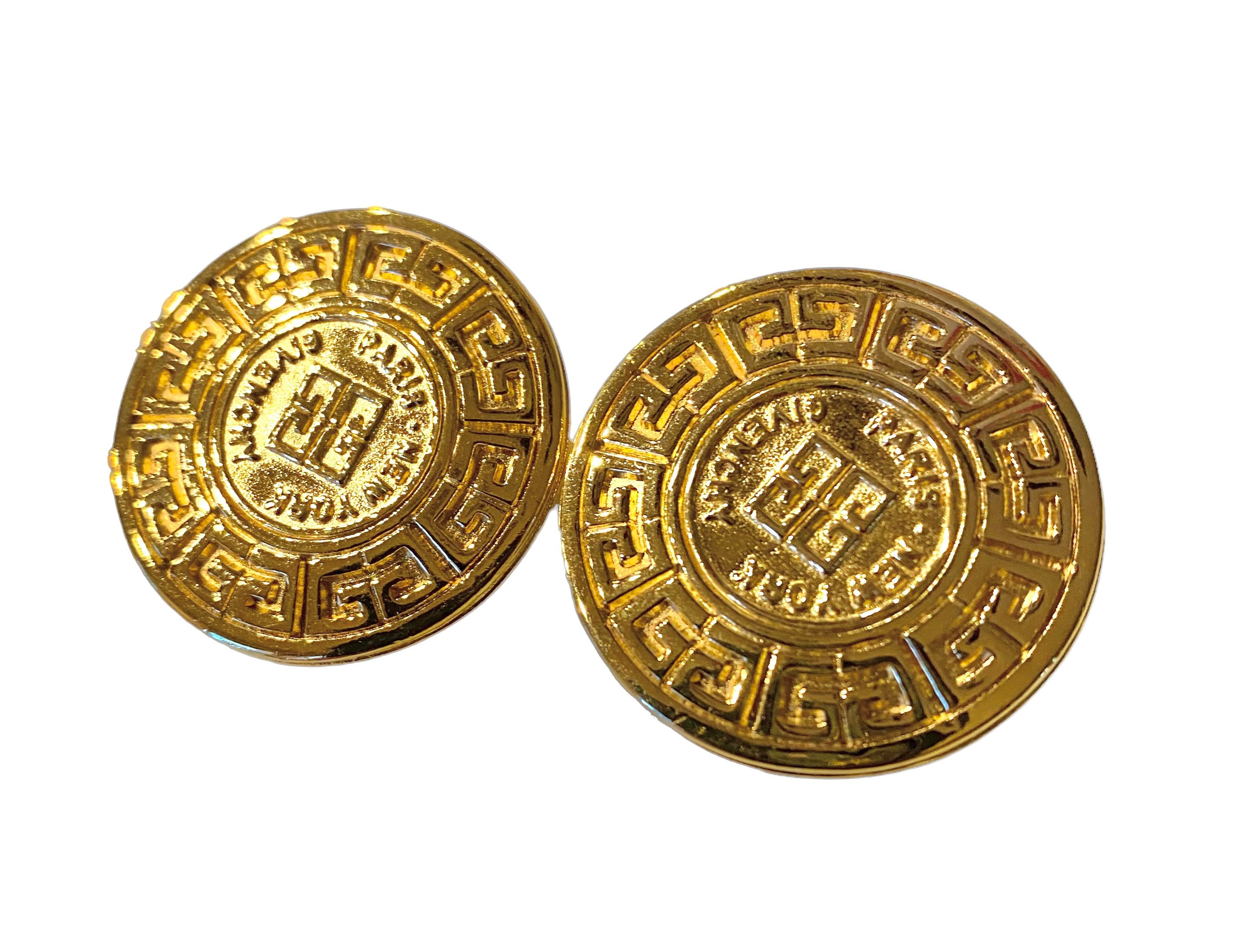 Vintage Chunky Givenchy Logo Greek Key Gold Plated Oversized 