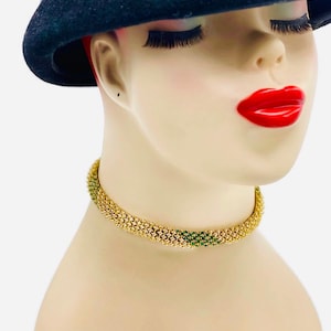 Vintage Polcini Ledo Faux Diamond and Emerald Fabulous Gold Tone Choker Necklace with Safety Chain