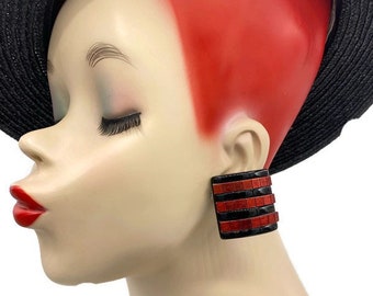 Orecchini Clip-On Rossi Quadrati Sfaccettati Con Perline - Stile Vintage Oro Antico