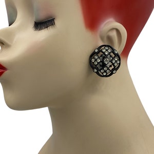 Vintage Black Enamel with Crystal Huggie Oversized Button Clip Earrings AD33