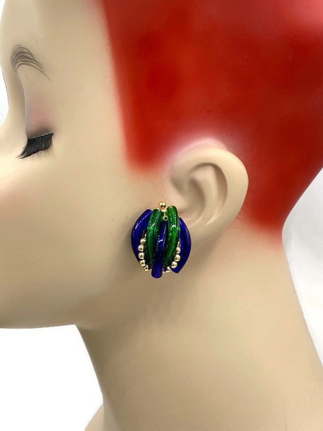 Vintage Italian Murano Blue Green Glass Tube Clip Earrings Italy