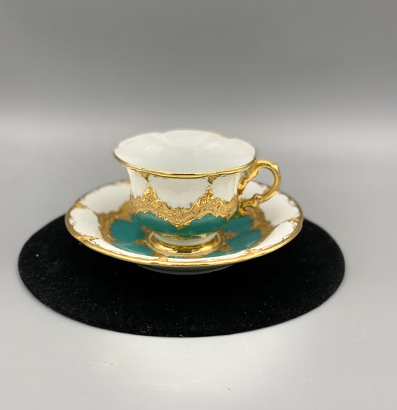 Antique Meissen B Form Porcelain Cup Saucer Set Green and Heavy