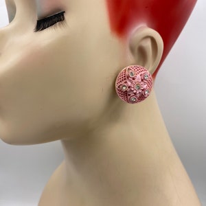 Vintage Celluloid Pink Flower with Rhinestones Clip Earrings AB12