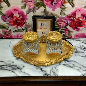 Antique Art Nouveau Victorian Brass and Glass Inkwell Desk Set with Day Date Cards