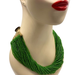 Vintage Polished Green Glass Bead Torsade Necklace Multi Strand Boho Beauty Rtsde