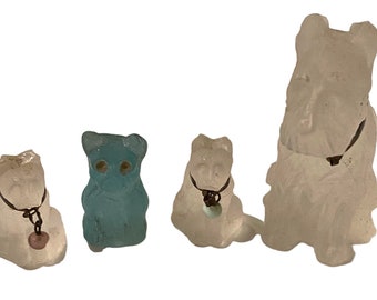 Vintage Czechoslovakian Frosted Molded Glass Cracker Jack Charms Blue Frosted Bear 3 Dogs