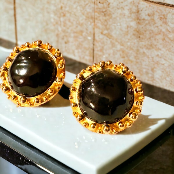 Vintage Gold Plated Atomic Sputnik Black Lucite Cabochon Clip Earrings