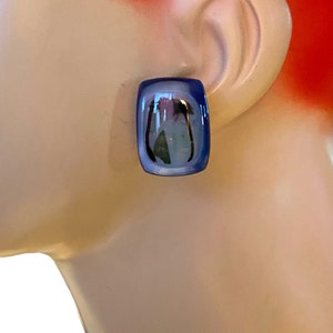 Vintage Artisan Blue Glass Rectangle Clip Earrings AQ12