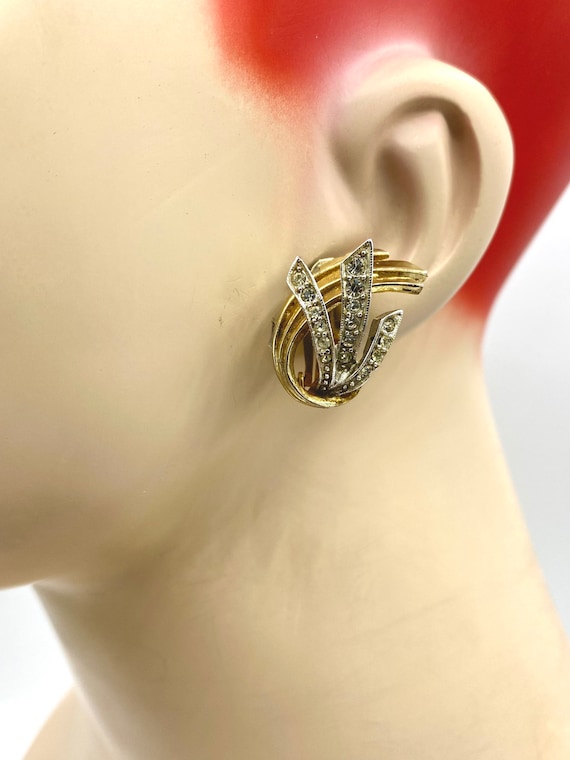 Vtg Hattie Carnegie Art Deco Fan Crystal clip ear… - image 2